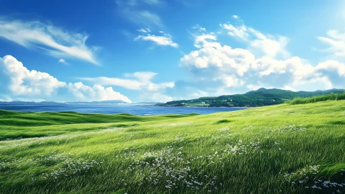 Scenic Green Field Meets the Ocean