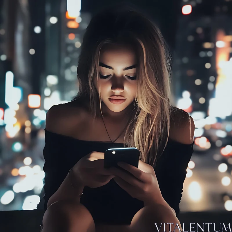 Woman Using Smartphone at Night AI Image