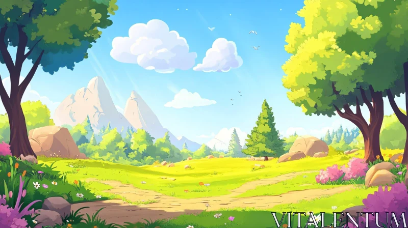 Idyllic Mountain Landscape with Green Meadow AI Image