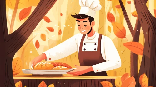 Chef with Bread in Autumn Forest