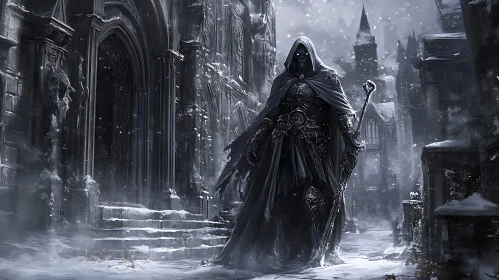 Dark Cloaked Figure in Snowy Gothic Landscape