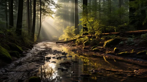 Atmospheric Backlit Forest Stream - A Captivating Visual Journey