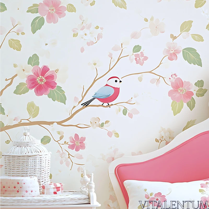 AI ART Bird on Floral Branch - Serene Wall Art