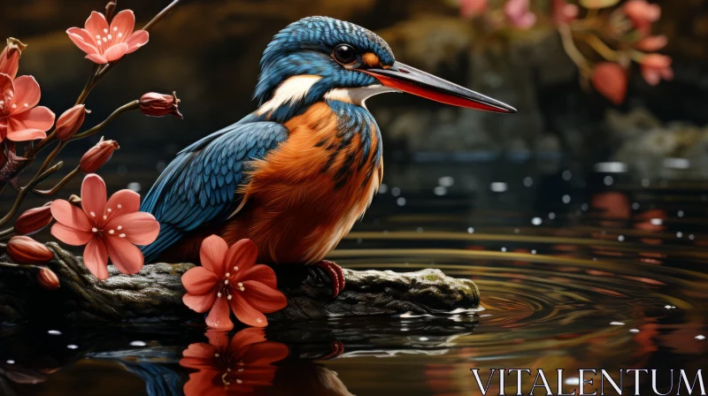 Beautiful Kingfisher amidst Water and Flowers - Character Illustration AI Image