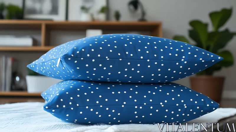 Blue Polka Dot Pillows on White Fur AI Image