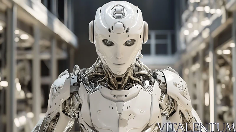 Advanced White Humanoid Robot Amidst Industrial Setting AI Image