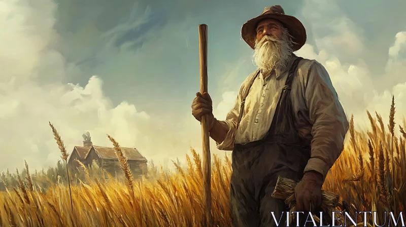 Elderly Farmer in Wheat Field Art AI Image