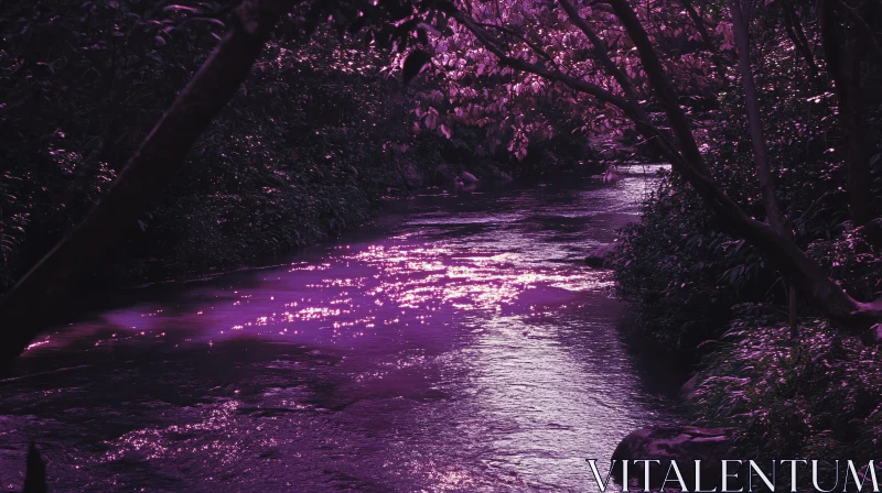 AI ART Peaceful Forest River with Purple Light Reflections