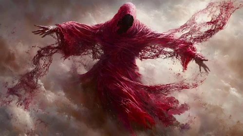 Surreal Red Figure in Mist