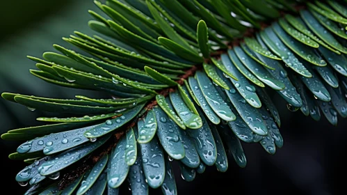 Enigmatic Tropics: Majestic Pine Branch Adorned with Water Droplets