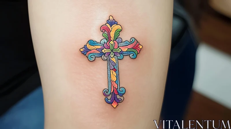 Intricate Colorful Cross Tattoo on Forearm AI Image