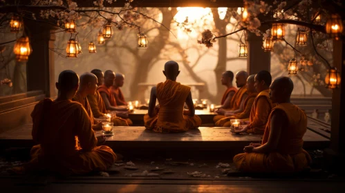 Monks in Meditation: Ethereal Ambiance and Earthy Palette