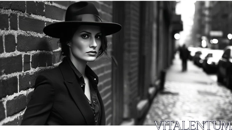 Mysterious Woman in Fedora Hat and Suit - Captivating Black and White Photograph AI Image