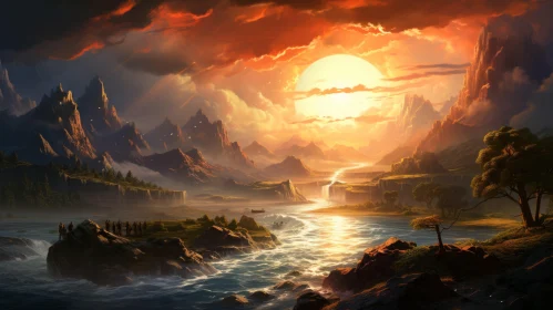 Sunset over Majestic Mountains and Tranquil Waters - Epic Fantasy Landscape Painting