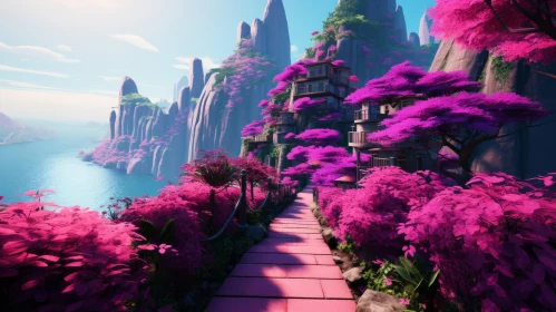 Surreal 3D Valley Landscape with Pink Blossoms and Dreamlike Architecture