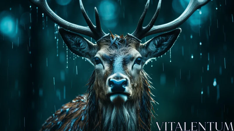 Surrealistic Rain-soaked Deer in Forest AI Image