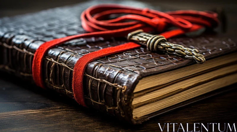 AI ART Time-Worn Leather Book with Crimson Fringe: A Study in Serenity and Charm