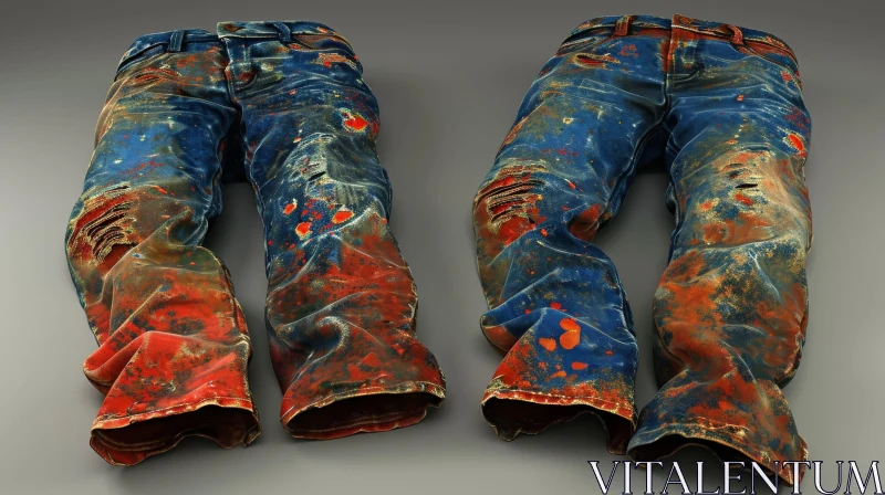 Vintage 3D Rendering: Worn-out Jeans with Paint Stains and Tears AI Image