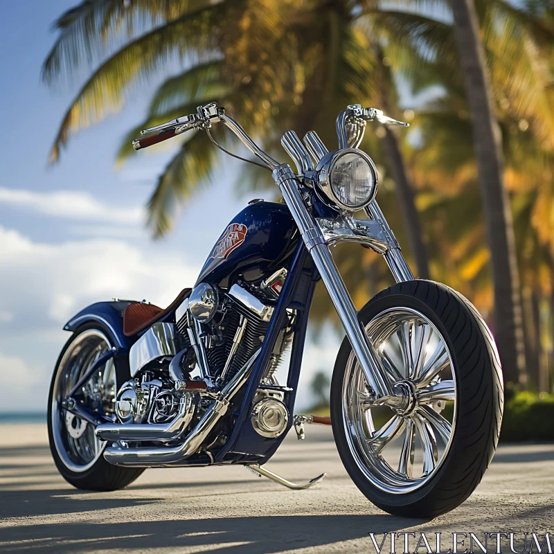 Chrome Motorcycle Under Palm Trees AI Image