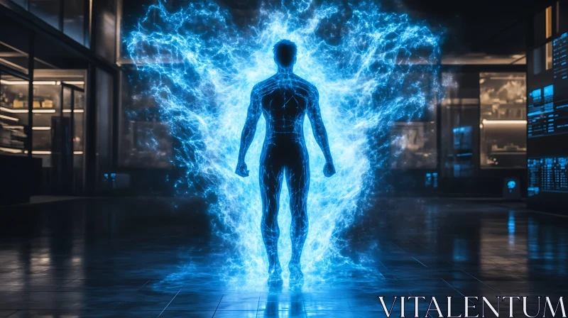 Silhouette of a man with blue energy AI Image