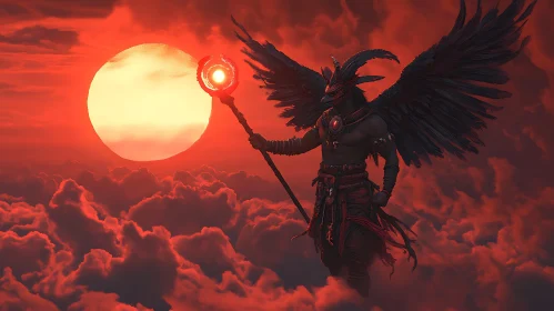 Winged Figure in Fiery Sky