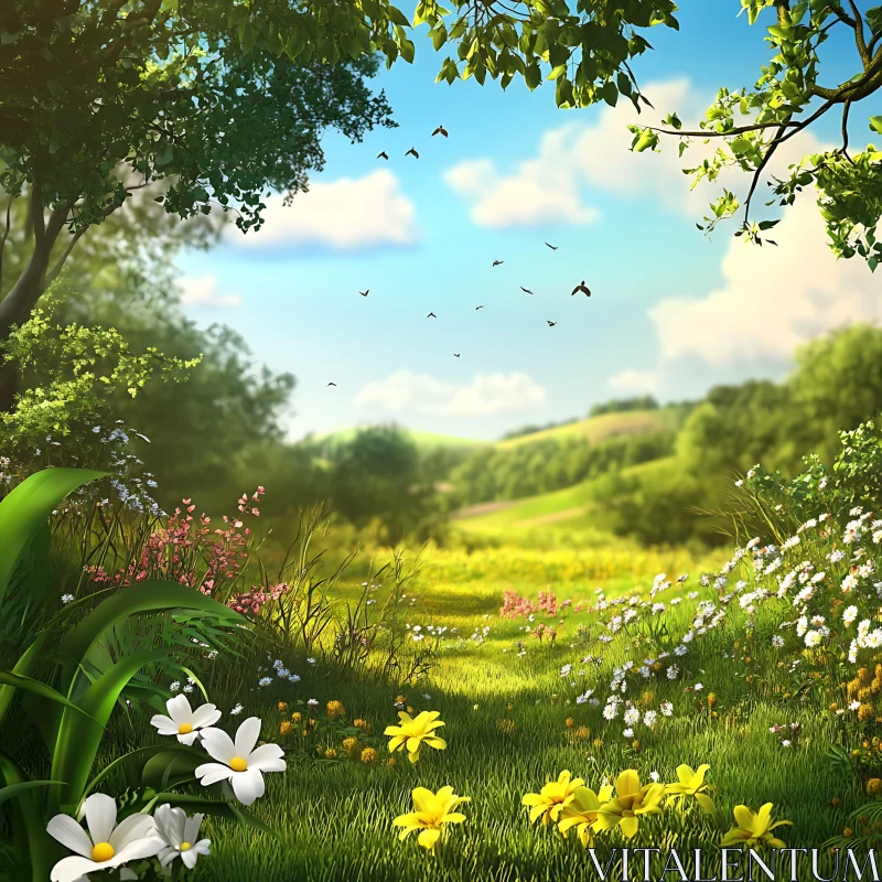 AI ART Idyllic Meadow Landscape with Bird Flight