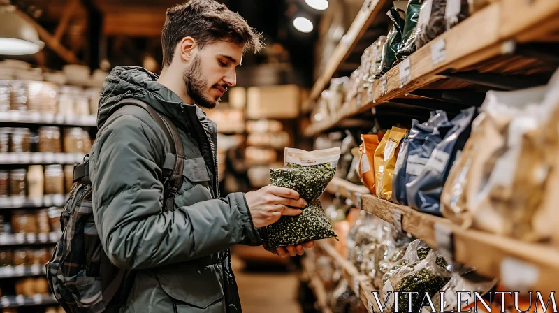 Grocery Shopping: Man Inspecting Packaged Food AI Image