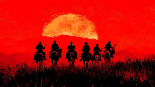 Silhouette of Cowboys Riding into the Sunset