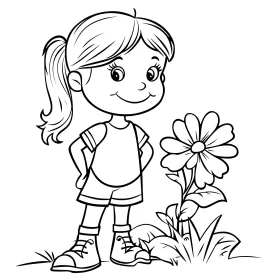 Cartoon Girl with Flower Line Drawing