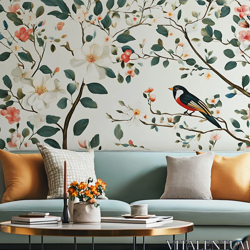 AI ART Floral Wallpaper and Bird Art Decor