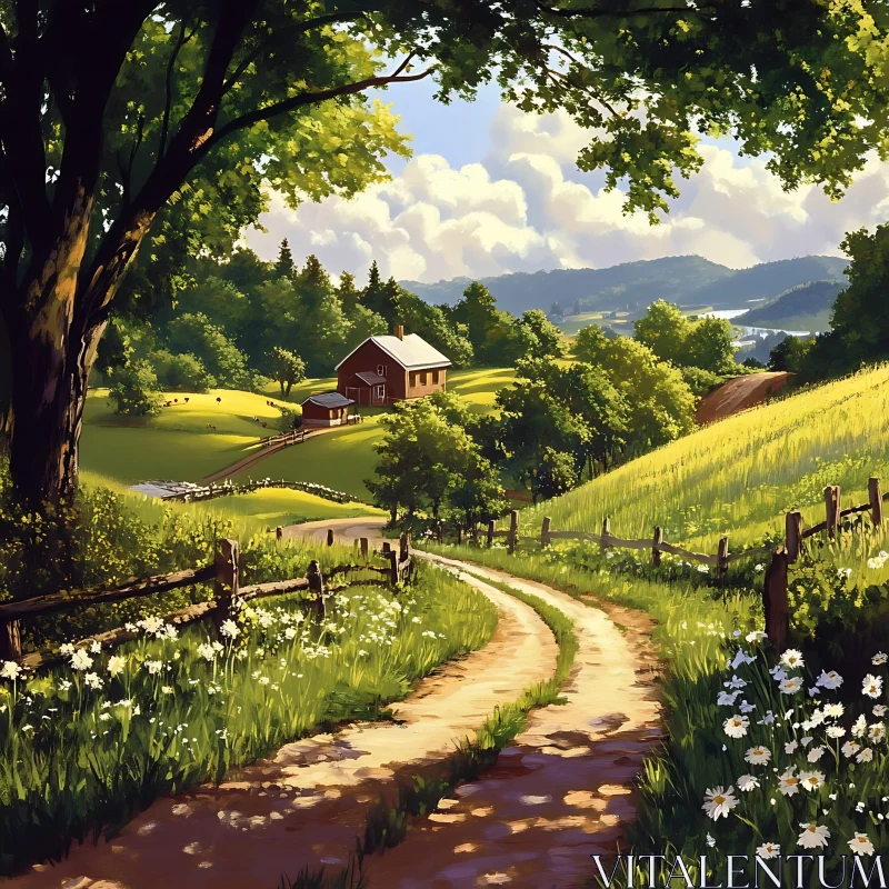 Country Road to Farmhouse AI Image