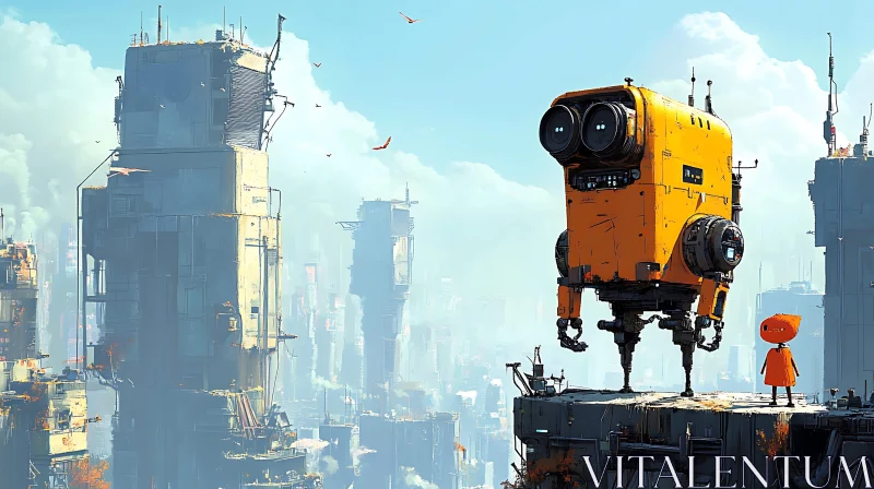 AI ART Orange Robot in Post-Apocalyptic City