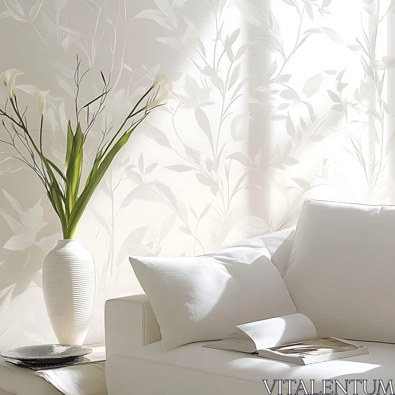 AI ART Elegant White Room with Floral Wallpaper