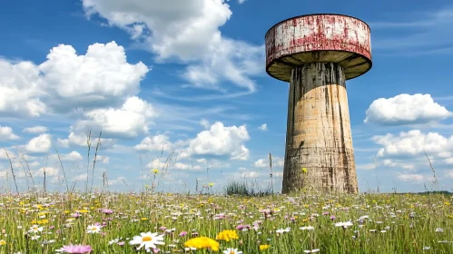 Vintage Water Tower Amidst Blooming Meadow