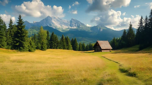 Cabin in Mountain Meadow Peaceful Scenery