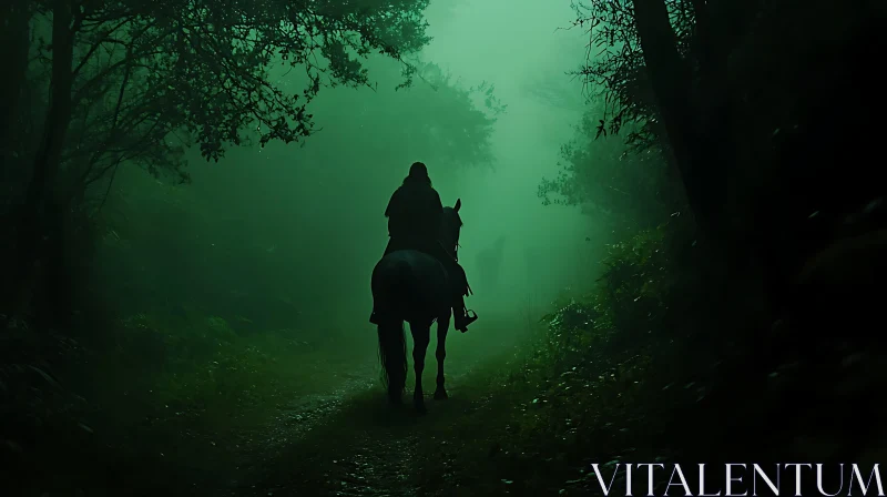 Silhouette on Horseback in Green Fog AI Image