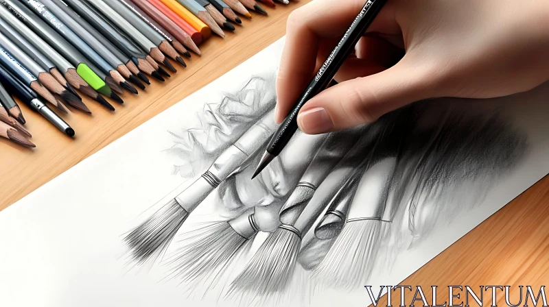 Hand Drawing Paintbrushes with Graphite Pencil AI Image