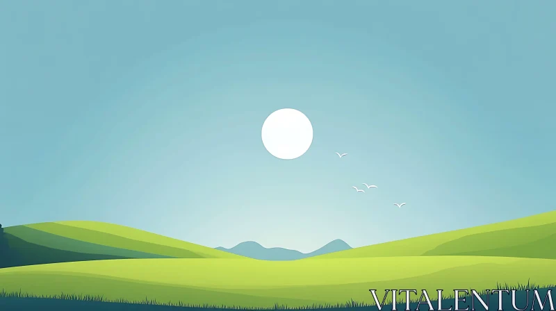 Rolling Hills and Birds Minimalist Art AI Image