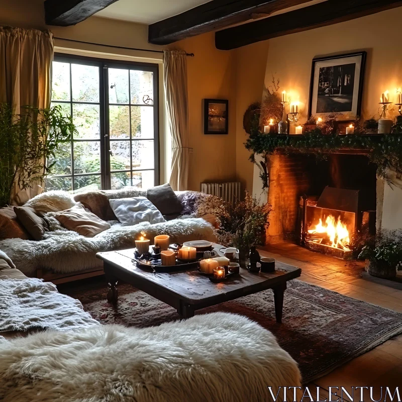 Warm Interior with Fireplace and Candles AI Image