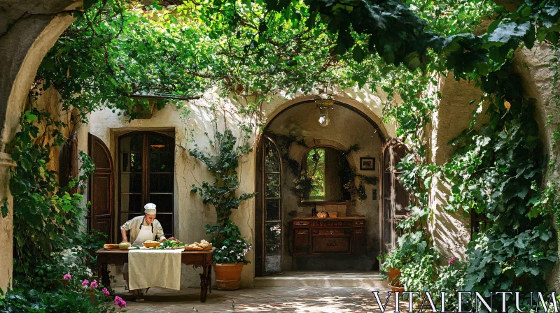 Chef in Ivy-Covered Courtyard AI Image