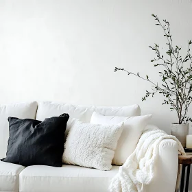 Serene White Couch with Pillows and Green Plant