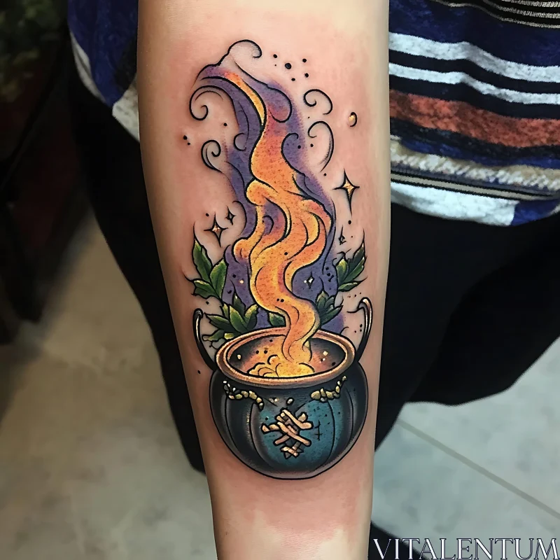 Enchanting Cauldron Tattoo with Golden Flames AI Image