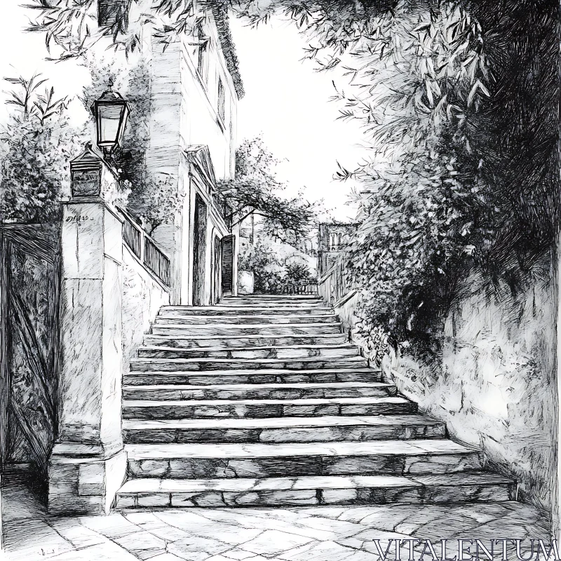 Classic Engraving of Stone Steps in Old-World Setting AI Image