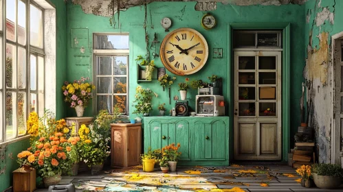 Floral Room with Vintage Clock