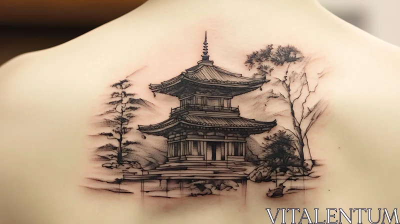 Detailed Oriental Pagoda Tattoo with Tree Elements AI Image