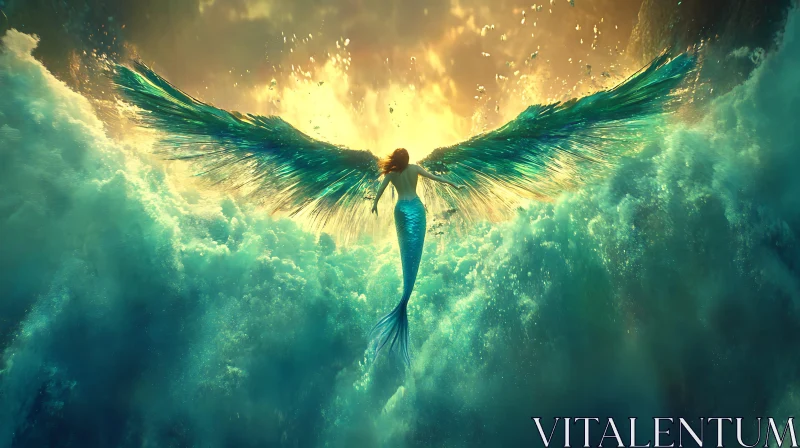 AI ART Winged Mermaid Emerging from Ocean Depths