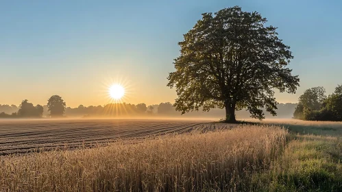 Lone Tree at Sunrise in Wheat Field