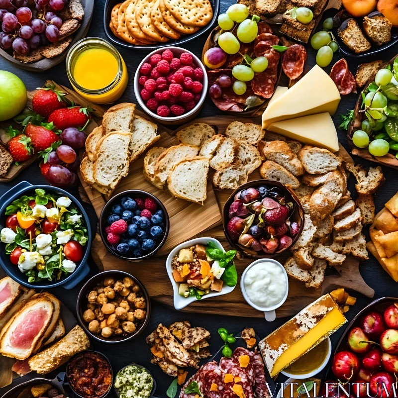 Diverse Spread of Fruits, Cheese, and Bread AI Image