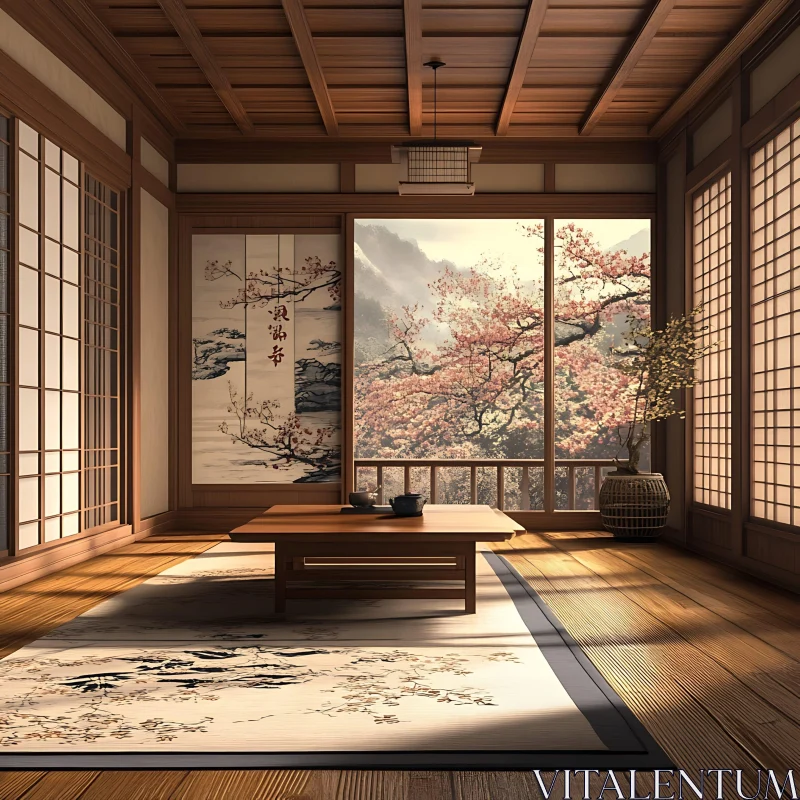 AI ART Tranquil Interior with Blooming Cherry Trees