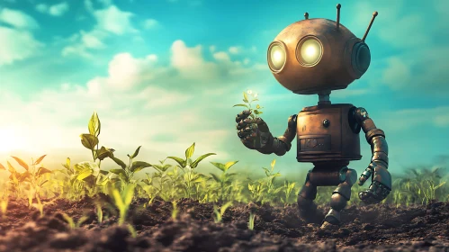 Robot Farmer with Seedling in Field